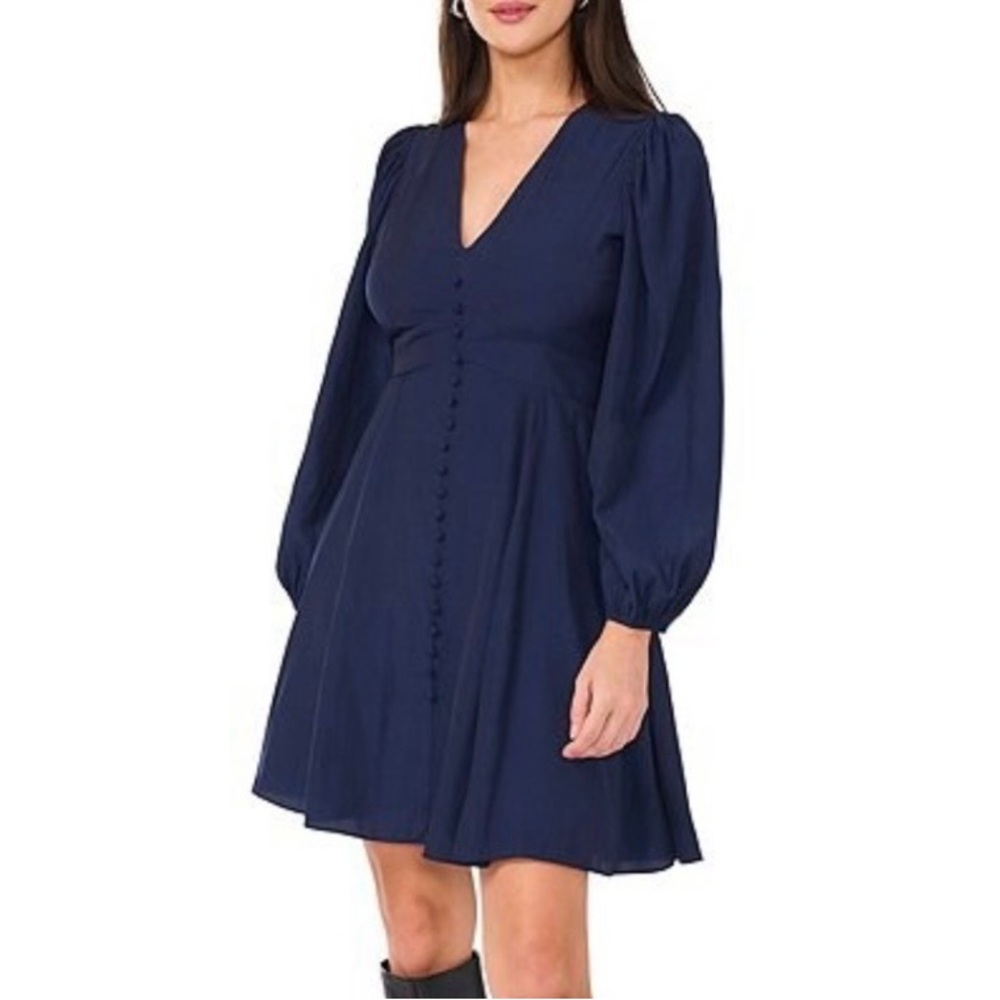 🆕⭐️ 1.STATE Navy Blue Midi Dress Size 4 Flowy Work Casual Long Sleeve V-Neck